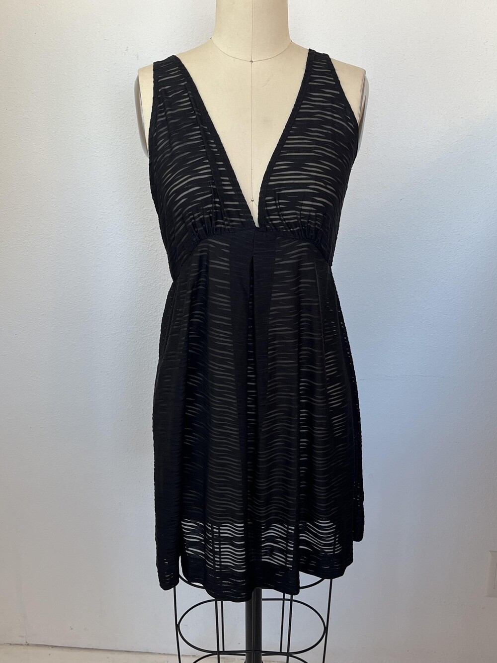 Vintage Babydoll Lingerie Sheer Dress XS/S Stripe Black V Neck Mini Plunge 90s